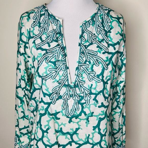 Barbara Gerwit White and Teal Beaded Cover Up Tunic - Picture 2 of 7